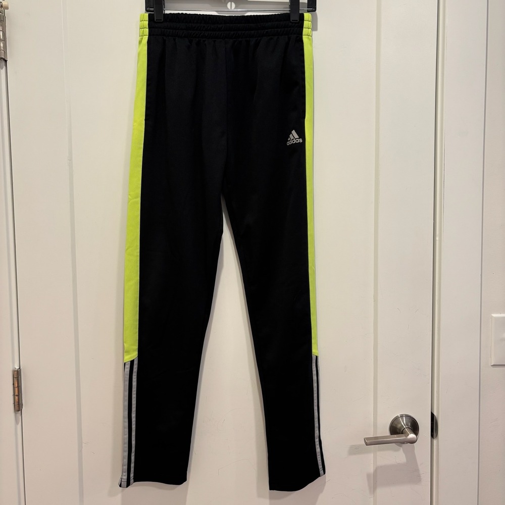 Adidas Boys XL 18/20 Track Pants Black Neon Yellow Striped Athletic Joggers